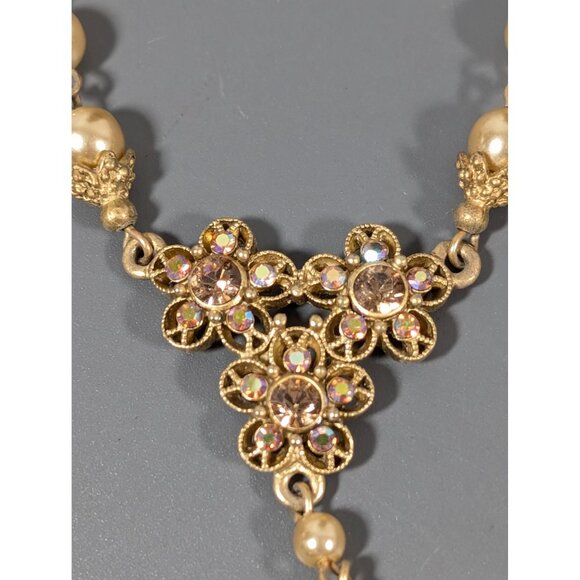 1928 Golden Aurora Borealis Faux Pearl Flower Y-Drop Necklace 19" Elegant - Picture 5 of 11